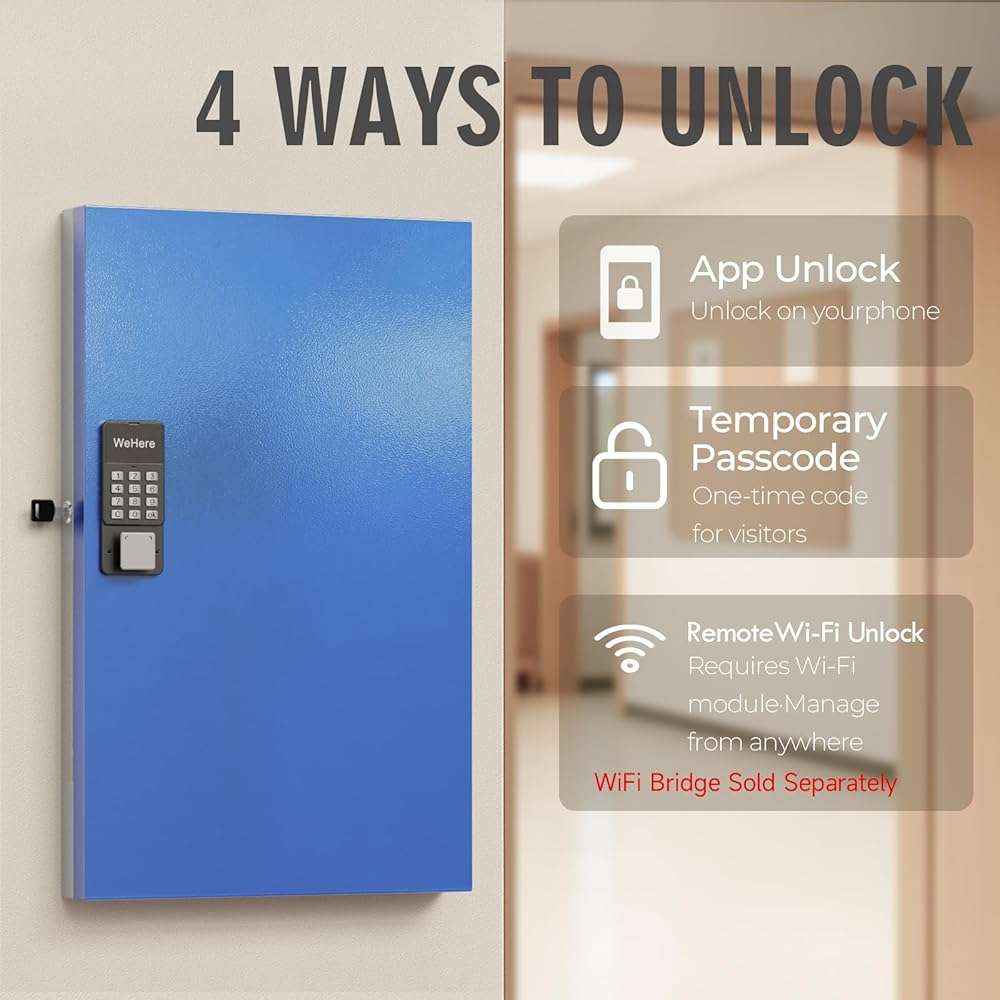 WeHere 96-Key Smart Key Lock Box, Wall-Mount Key Cabinet with Key Management App(Track Key Borrow/Return), Keypad, Bluetooth & WiFi Unlock (Sold Separately) for Commercial, School, Rental, Office - Image 3