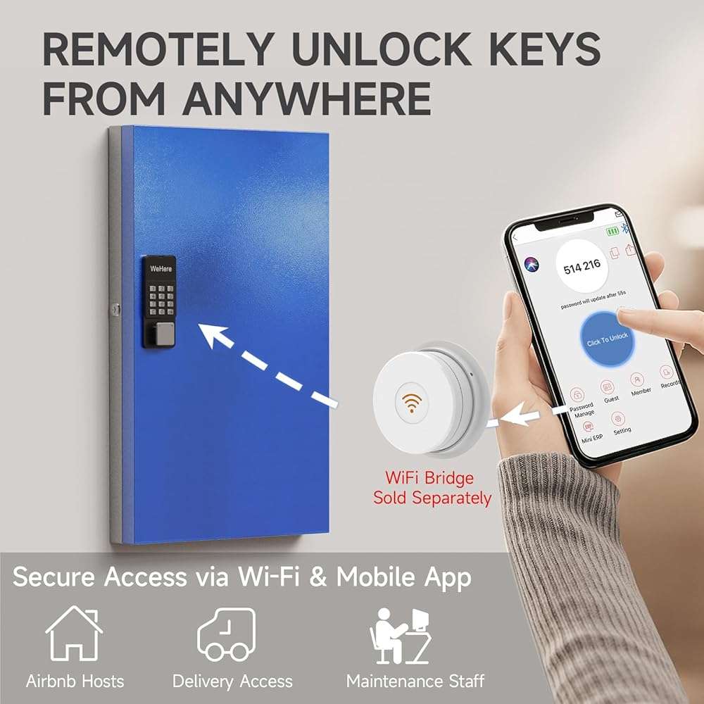 WeHere 96-Key Smart Key Lock Box, Wall-Mount Key Cabinet with Key Management App(Track Key Borrow/Return), Keypad, Bluetooth & WiFi Unlock (Sold Separately) for Commercial, School, Rental, Office - Image 5