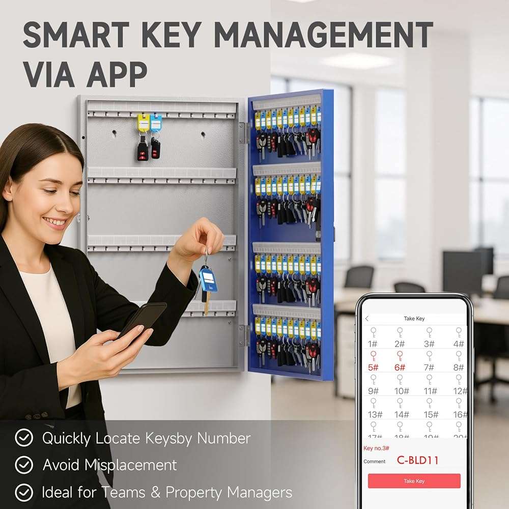WeHere 96-Key Smart Key Lock Box, Wall-Mount Key Cabinet with Key Management App(Track Key Borrow/Return), Keypad, Bluetooth & WiFi Unlock (Sold Separately) for Commercial, School, Rental, Office - Image 6