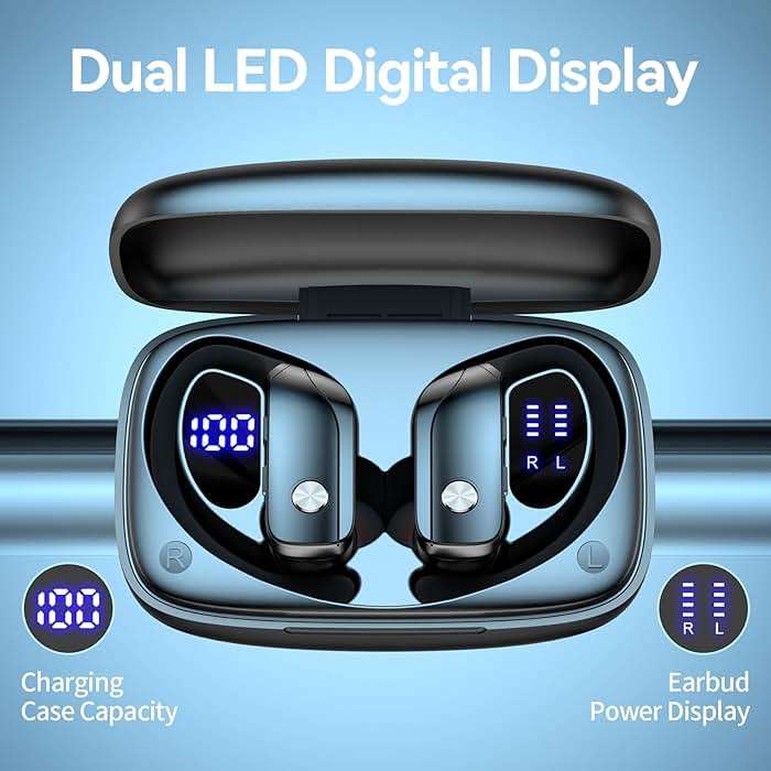bmani Ear Buds Wireless Earbuds Bluetooth Headphones with 80H Playtime LED Display Case, Over-Ear Hook with Mic, Stereo Sound, Easy Button Controls, Sports Earphones for Running Workout Gym Black - Image 3