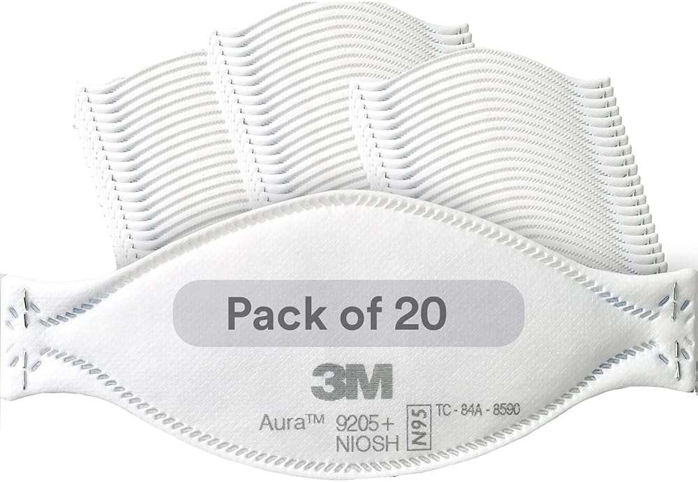 3M Aura Particulate Respirator 9205+, N95, Pack of 20 Disposable Respirators, Individually Wrapped, 3 Panel Flat Fold Design Allows for Facial Movements, Comfortable, NIOSH Approved, Smoke - Image 1
