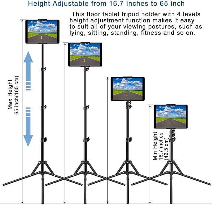 SAMHOUSING Ipad Tripod Stand, with 65 inch Height Adjustable iPad Stand Holder & iPad Floor Stand with 360° Rotating iPad Tripod Mount for iPad Pro, iPhone, Kindle, and All 4.5-12.9 Inch Tablets - Image 5
