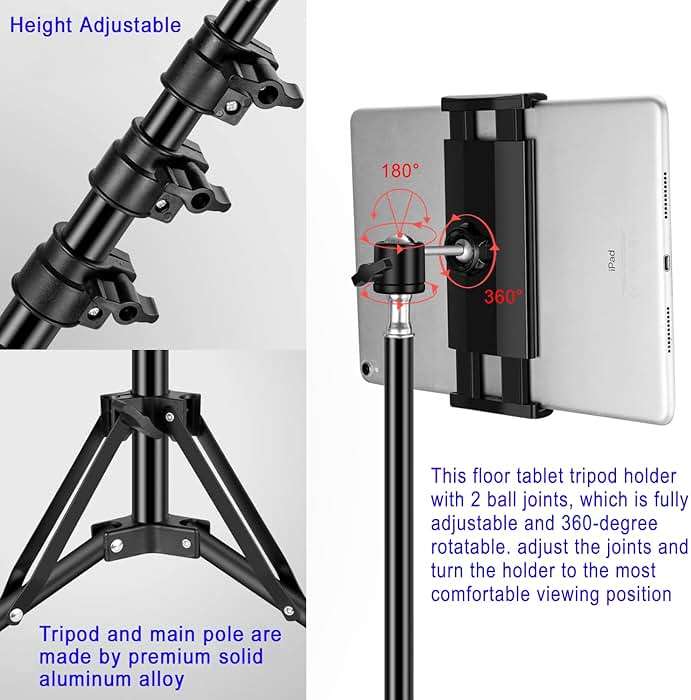 SAMHOUSING Ipad Tripod Stand, with 65 inch Height Adjustable iPad Stand Holder & iPad Floor Stand with 360° Rotating iPad Tripod Mount for iPad Pro, iPhone, Kindle, and All 4.5-12.9 Inch Tablets - Image 6