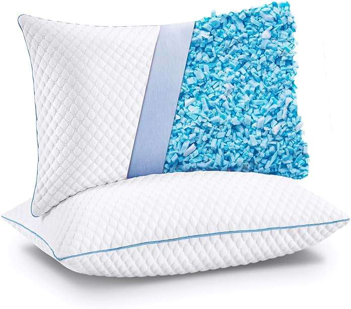 VVZ Cooling Bed Pillows Queen Size Set of 2, Shredded Memory Foam Pillows for Side Back Stomach Sleepers, Luxury Cool Gel Adjustable Firm Bed Pillows for Sleeping 2 Pack Queen Size 20 x 30 Inches - Image 1