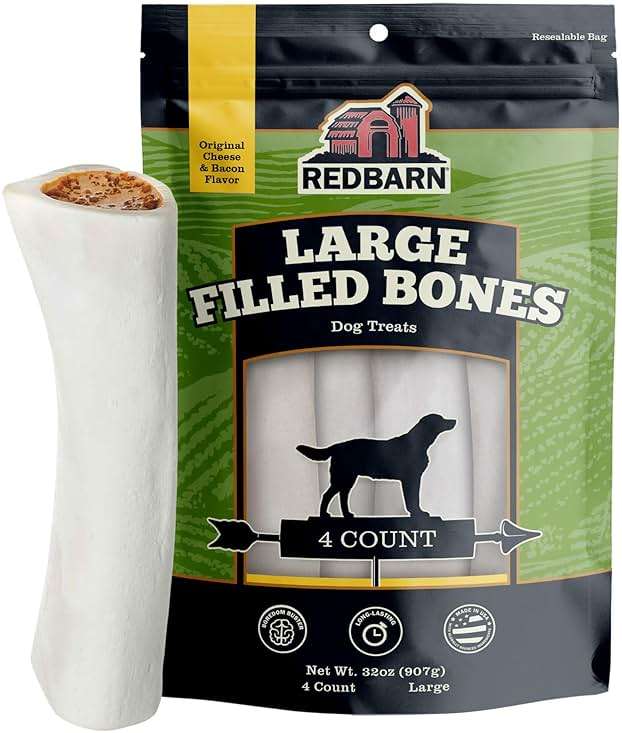 Redbarn Pet Products Large Filled Dog Bones, Cheese & Bacon Flavor - Long Lasting Stuffed Femur Chew Treat Made in USA - 4 Count - Packaging May Vary - Image 1