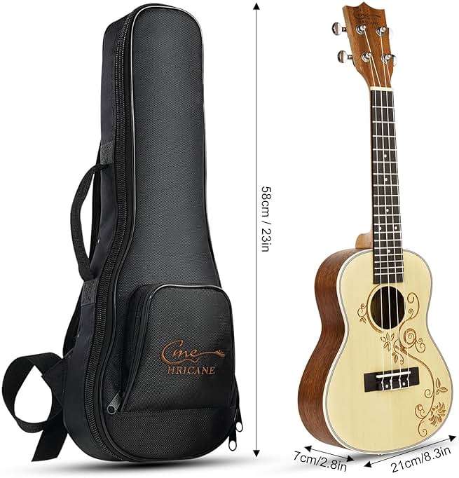 Hricane Concert Ukulele 23 Inch Spruce Flower Top Sapele Professional Ukuleles for Beginners with Bag, Digital Tuner, Strap, 4 Strings Set, Pick, Cleaning Cloth - Image 8