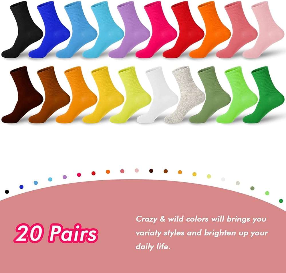 kimteny Women's Cotton-Rich Crew Socks, 20 Pairs Ribbed Casual Everyday Socks, Stretch Crew Length Sock Pack, Medium Thickness, Assorted Colors, Fits US Women's Shoe Size 6-9 - Image 2