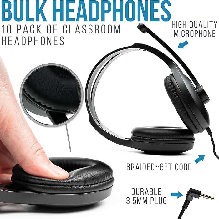 Barks Classroom Headphones with Microphone Bulk 10 Pack (Black, 3.5mm) | Durable Everyday Student Use, Headsets with Mic, Adjustable Fit All-Day Comfort, Clear Voice, Easy Clean, K-12 School Testing - Image 2