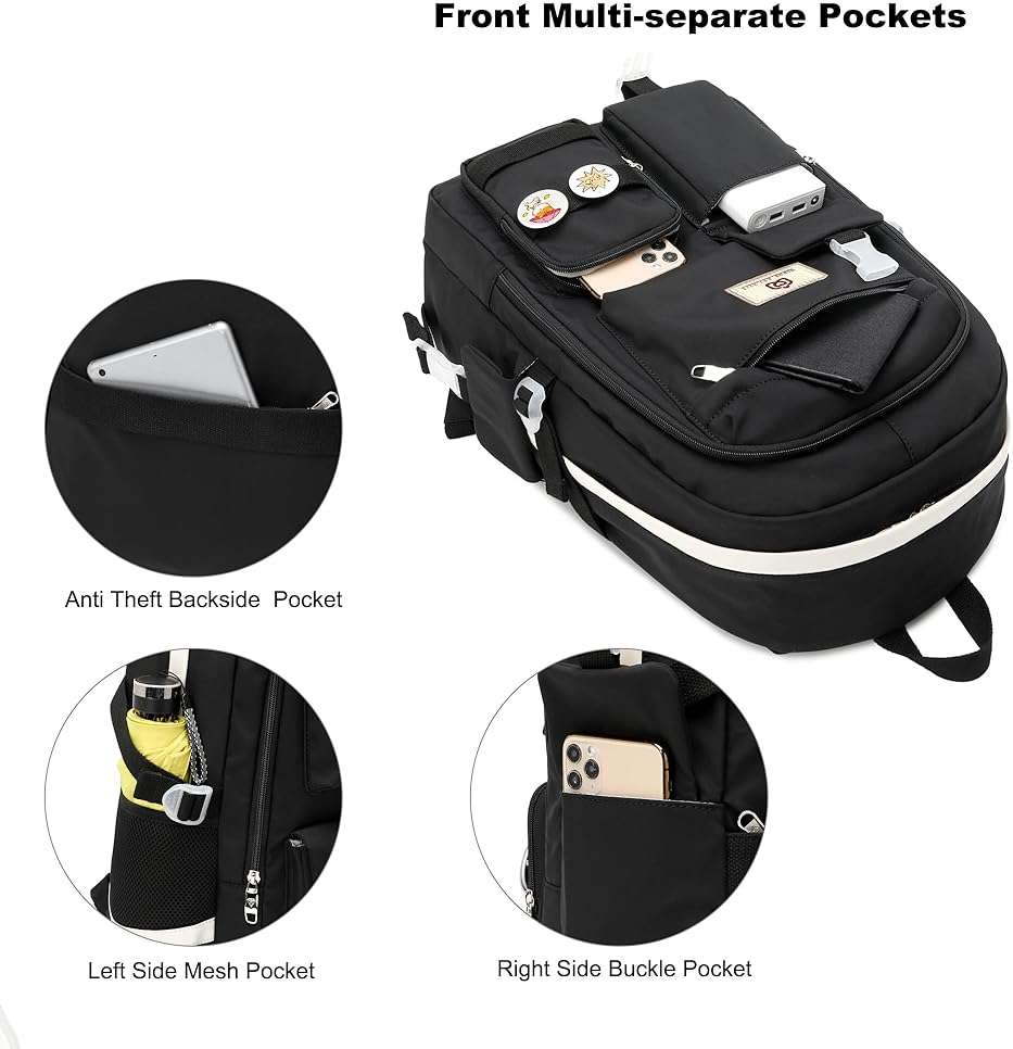 Hidds Laptop Backpacks 15.6 Inch College School Backpack for Girls Women Bookbag Cute Elementary Middle High School Bags Big Anti Theft Travel Daypack Kids Book Bag for Teens Womens Student (Black) - Image 4