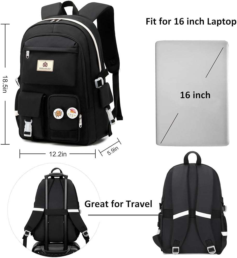 Hidds Laptop Backpacks 15.6 Inch College School Backpack for Girls Women Bookbag Cute Elementary Middle High School Bags Big Anti Theft Travel Daypack Kids Book Bag for Teens Womens Student (Black) - Image 6