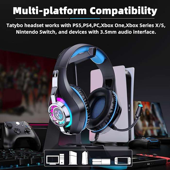Tatybo Gaming Headset for PC, Ps5, Ps4, Switch, Mobile, Xbox Headset with Deep Bass Stereo Sound, Over Ear Gaming Headphones with Noise Canceling Mic, RGB, Ps5 Headset for Nintendo, Xbox - Image 7