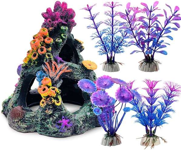 GSD Aquarium Colorful Coral Reef Set Fish Tank Decoration Mountain Ornament for Aquarium Environments Decor Accessories, Coral Mountain x 1, Aquatic Plant x 4 - Image 1