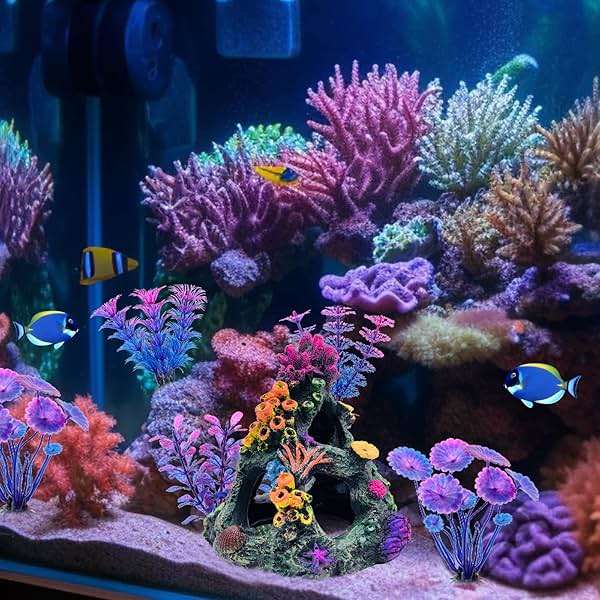 GSD Aquarium Colorful Coral Reef Set Fish Tank Decoration Mountain Ornament for Aquarium Environments Decor Accessories, Coral Mountain x 1, Aquatic Plant x 4 - Image 2