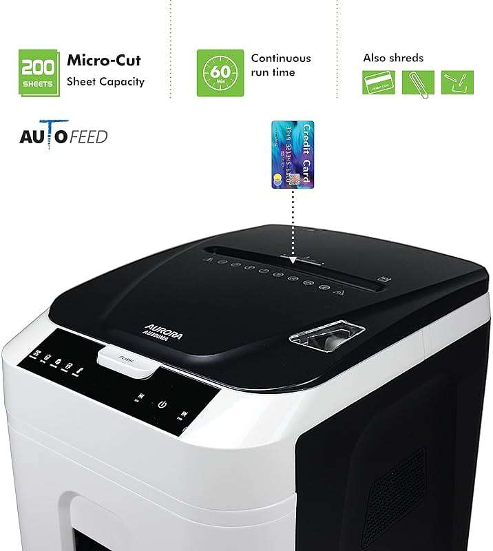 Aurora Commercial Grade 200-Sheet Auto Feed High Security Micro-Cut Paper Shredder/ 60 Minutes/Security Level P-5 - Image 2
