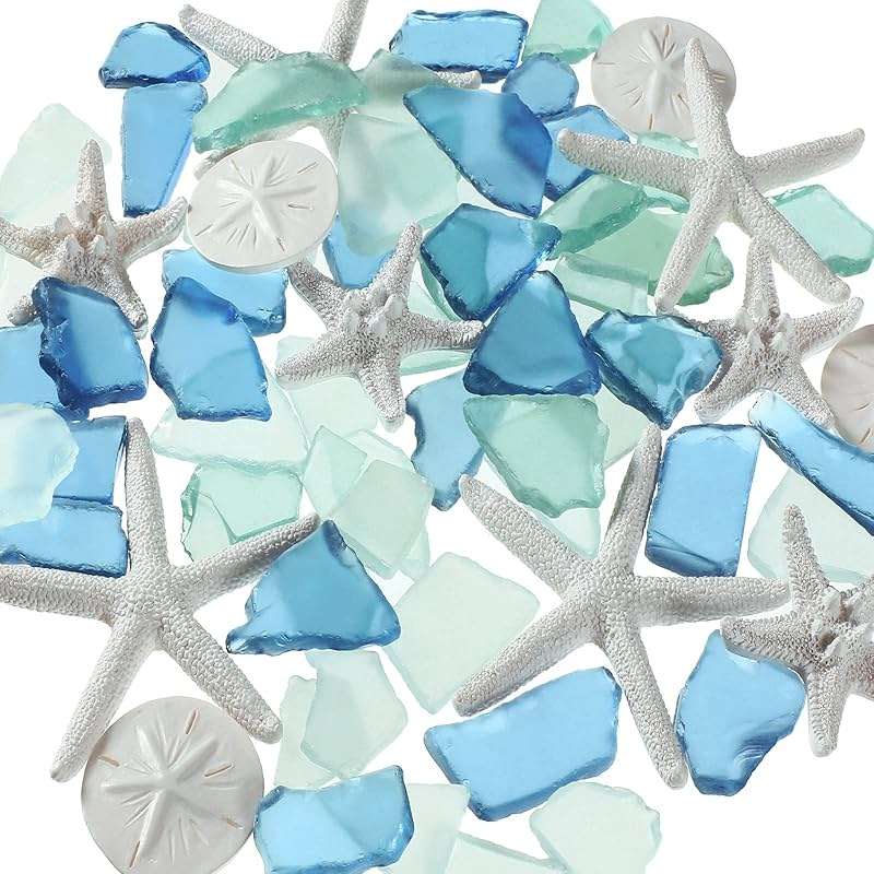 Blulu 5.3 oz Sea Glass Decor for Crafts Frosted Blue Seaglass Pieces and 12 Pcs Resin Assorted Starfish Sand Dollar Ornament Beach Starfish for Beach Wedding Party Decor Home DIY Craft - Image 1