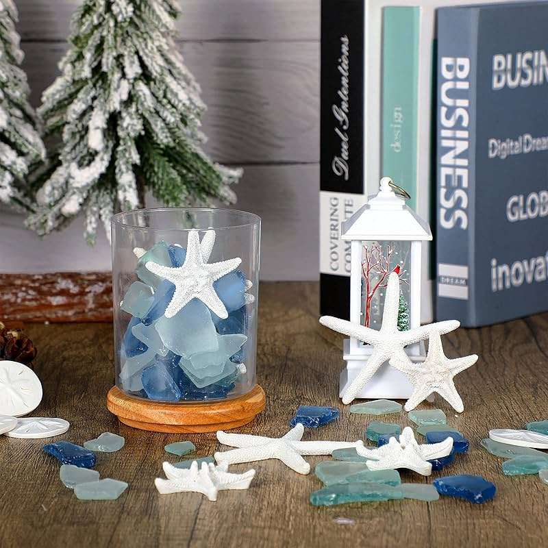 Blulu 5.3 oz Sea Glass Decor for Crafts Frosted Blue Seaglass Pieces and 12 Pcs Resin Assorted Starfish Sand Dollar Ornament Beach Starfish for Beach Wedding Party Decor Home DIY Craft - Image 2