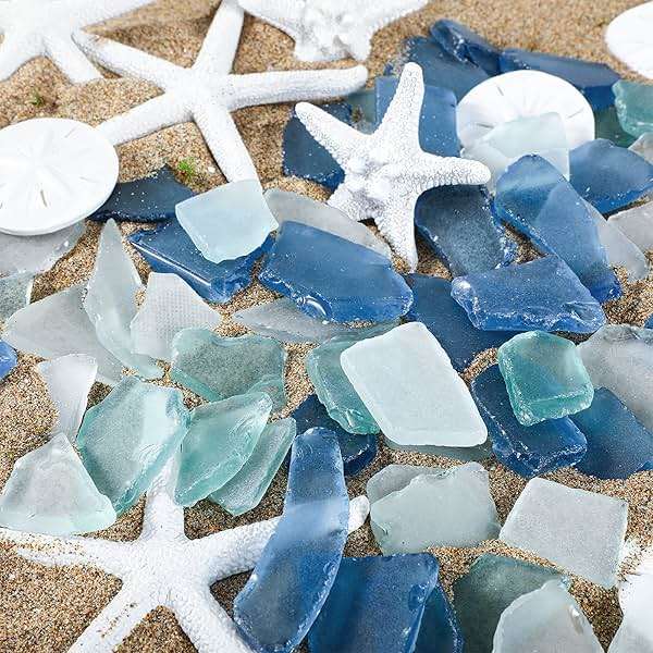 Blulu 5.3 oz Sea Glass Decor for Crafts Frosted Blue Seaglass Pieces and 12 Pcs Resin Assorted Starfish Sand Dollar Ornament Beach Starfish for Beach Wedding Party Decor Home DIY Craft - Image 4