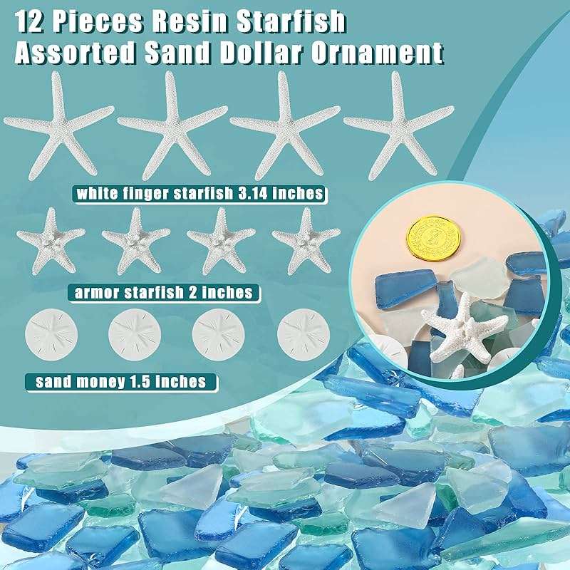 Blulu 5.3 oz Sea Glass Decor for Crafts Frosted Blue Seaglass Pieces and 12 Pcs Resin Assorted Starfish Sand Dollar Ornament Beach Starfish for Beach Wedding Party Decor Home DIY Craft - Image 5