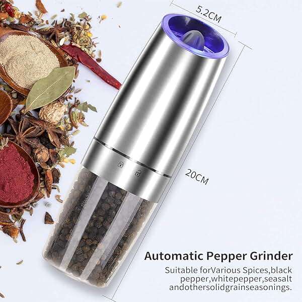 Electric Salt and Pepper Grinder set of 2, Automatic Salt and Pepper Mill Grinder, Adjustable Roughness, Battery Powered with Blue LED Light, Stainless Steel with One Hand Operation (Sliver) - Image 2