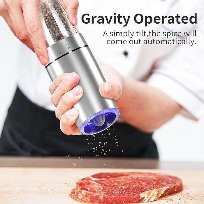 Electric Salt and Pepper Grinder set of 2, Automatic Salt and Pepper Mill Grinder, Adjustable Roughness, Battery Powered with Blue LED Light, Stainless Steel with One Hand Operation (Sliver) - Image 3