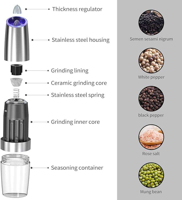 Electric Salt and Pepper Grinder set of 2, Automatic Salt and Pepper Mill Grinder, Adjustable Roughness, Battery Powered with Blue LED Light, Stainless Steel with One Hand Operation (Sliver) - Image 4