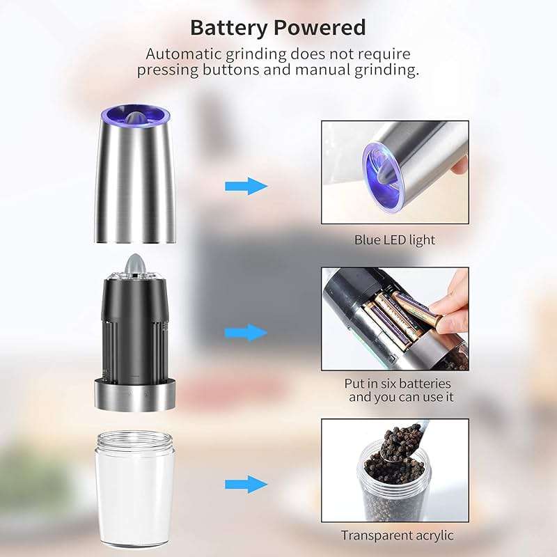 Electric Salt and Pepper Grinder set of 2, Automatic Salt and Pepper Mill Grinder, Adjustable Roughness, Battery Powered with Blue LED Light, Stainless Steel with One Hand Operation (Sliver) - Image 5