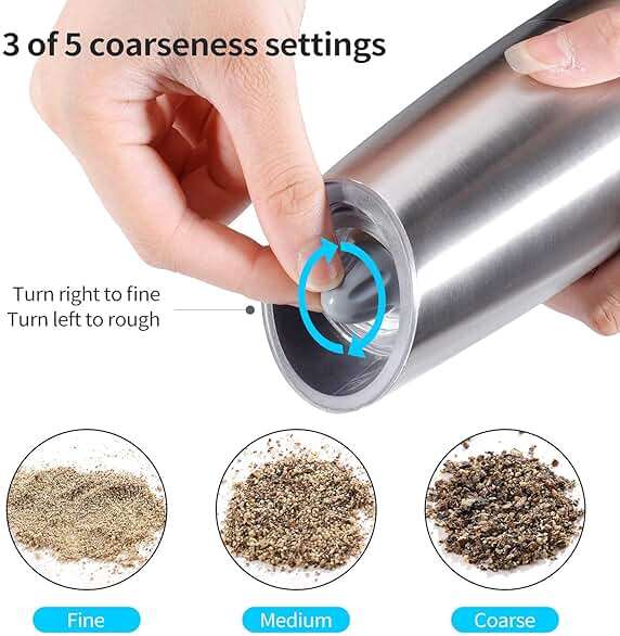 Electric Salt and Pepper Grinder set of 2, Automatic Salt and Pepper Mill Grinder, Adjustable Roughness, Battery Powered with Blue LED Light, Stainless Steel with One Hand Operation (Sliver) - Image 6