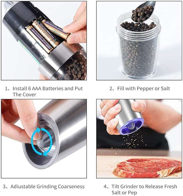 Electric Salt and Pepper Grinder set of 2, Automatic Salt and Pepper Mill Grinder, Adjustable Roughness, Battery Powered with Blue LED Light, Stainless Steel with One Hand Operation (Sliver) - Image 7