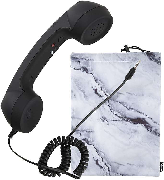 Cosmos Retro Handset Cell Phone Receiver MIC Microphone Speaker for Smartphone Cellphone with 3.5 mm Socket, Black Color with Marble Pattern Carrying Bag - Image 1