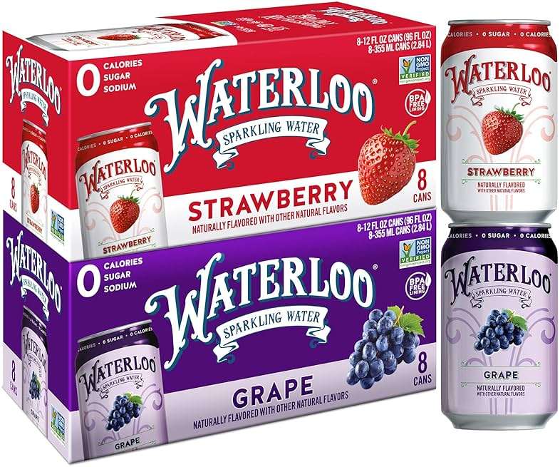 Waterloo Sparkling Water Two-Flavor Pack, 12 Fl Oz Cans, Pack of 16, 8 x Grape, 8 x Strawberry | Zero Calories | Zero Sugar or Artificial Sweeteners | Zero Sodium - Image 1