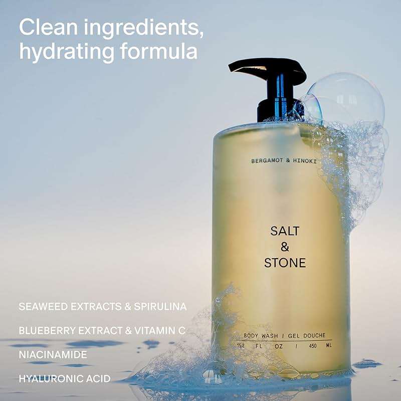 Salt & Stone Body Wash with Antioxidants for Deep Moisture | For Women & Men, Sulfate, Paraben, & Dye Free, Leaving Skin Soft and Hydrated | Bergamot & Hinoki 15.2 fl oz - Image 2