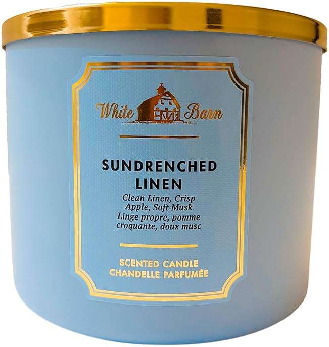 Bath & Body Works Sun-Drenched Linen 3-Wick Candle - Scented Candle for At-Home Use - Long-Lasting, Room-Filling Fragrance - High Fragrance Oil Concentration - Soy Wax Blend - Image 1