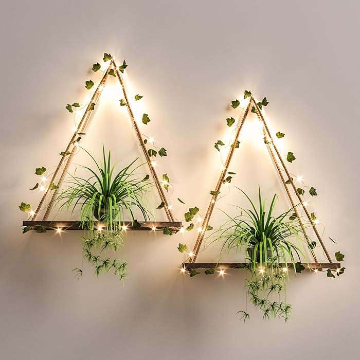 RICHER HOUSE Macrame Floating Shelves for Wall No Drilling, Boho Hanging Shelf with Artificial Ivy and LED Lights, Plant Wall Decor for Living Room Bedroom Dorm - Image 1