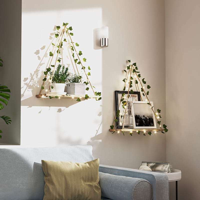RICHER HOUSE Macrame Floating Shelves for Wall No Drilling, Boho Hanging Shelf with Artificial Ivy and LED Lights, Plant Wall Decor for Living Room Bedroom Dorm - Image 3