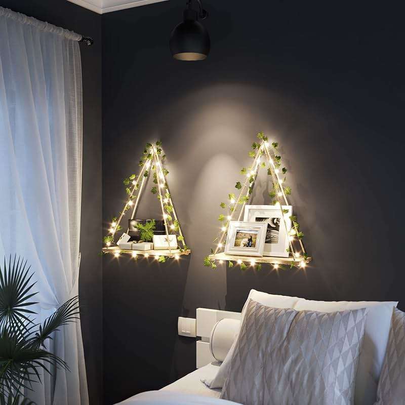 RICHER HOUSE Macrame Floating Shelves for Wall No Drilling, Boho Hanging Shelf with Artificial Ivy and LED Lights, Plant Wall Decor for Living Room Bedroom Dorm - Image 4
