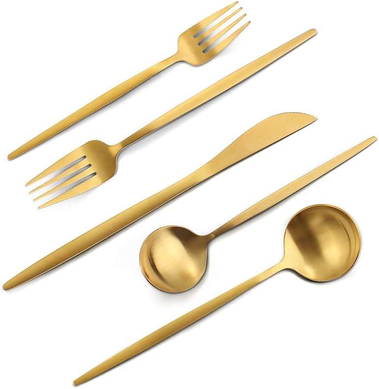 Matte Gold Silverware Set, VANVRO 20-Piece Stainless Steel Flatware Set, Satin Finish tableware Cutlery Set, Service for 4, Home and Restaurant, Dishwasher Safe - Image 1