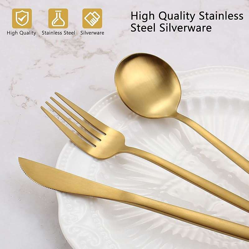 Matte Gold Silverware Set, VANVRO 20-Piece Stainless Steel Flatware Set, Satin Finish tableware Cutlery Set, Service for 4, Home and Restaurant, Dishwasher Safe - Image 5