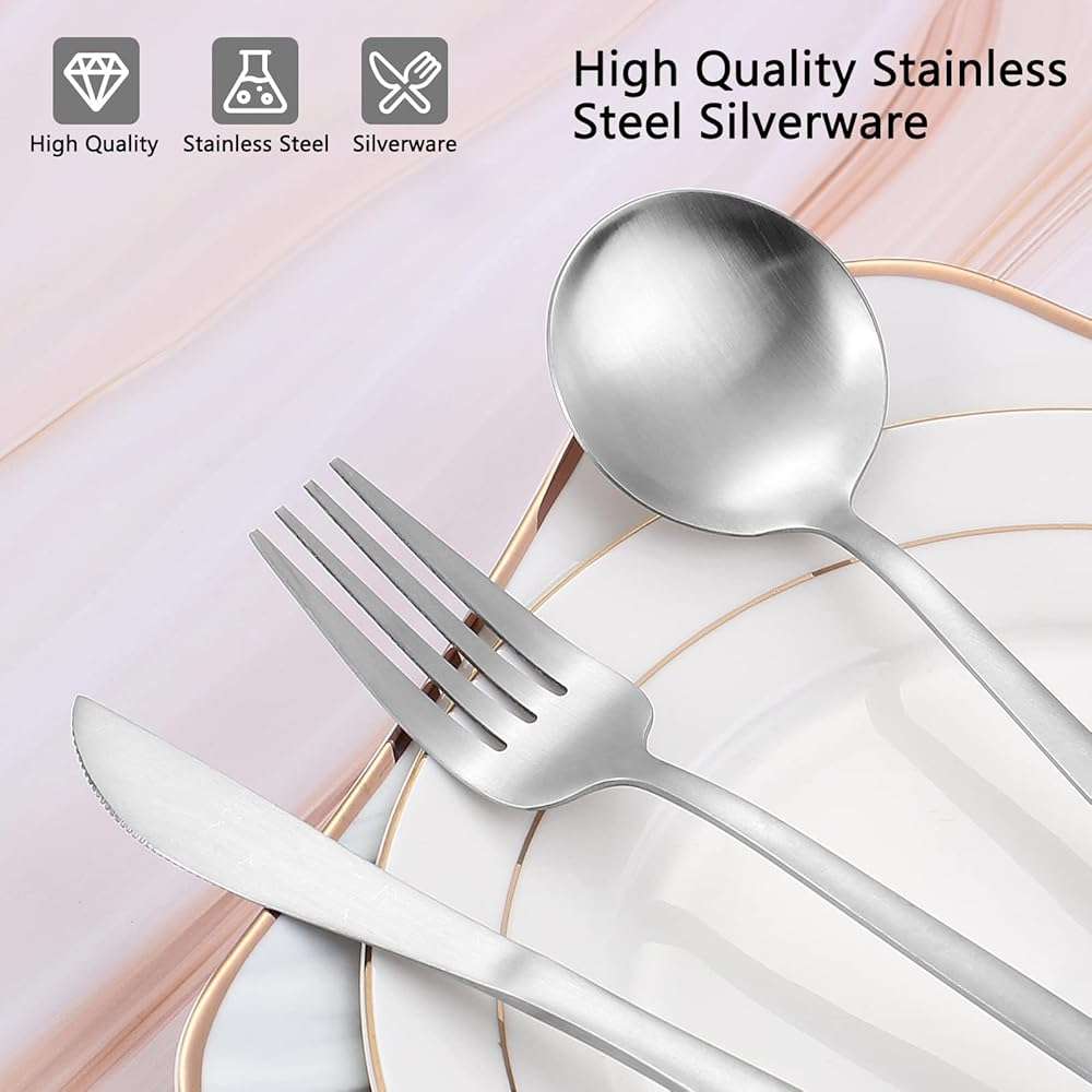 Matte Silverware Set, VANVRO 20-Piece Stainless Steel Flatware Set, Satin Finish tableware Cutlery Set, Service for 4, Home and Restaurant, Dishwasher Safe - Image 5