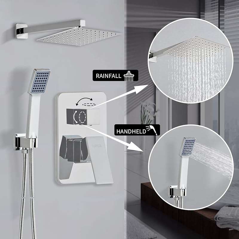 LCEVCGK Shower Head - Shower Faucet Set Square Shower Combo System with 8'' Rainfall Shower Head Wall Mount Handheld Shower, Stainless Steel with Chrome Finish Bath Shower Head,Chrome - Image 2