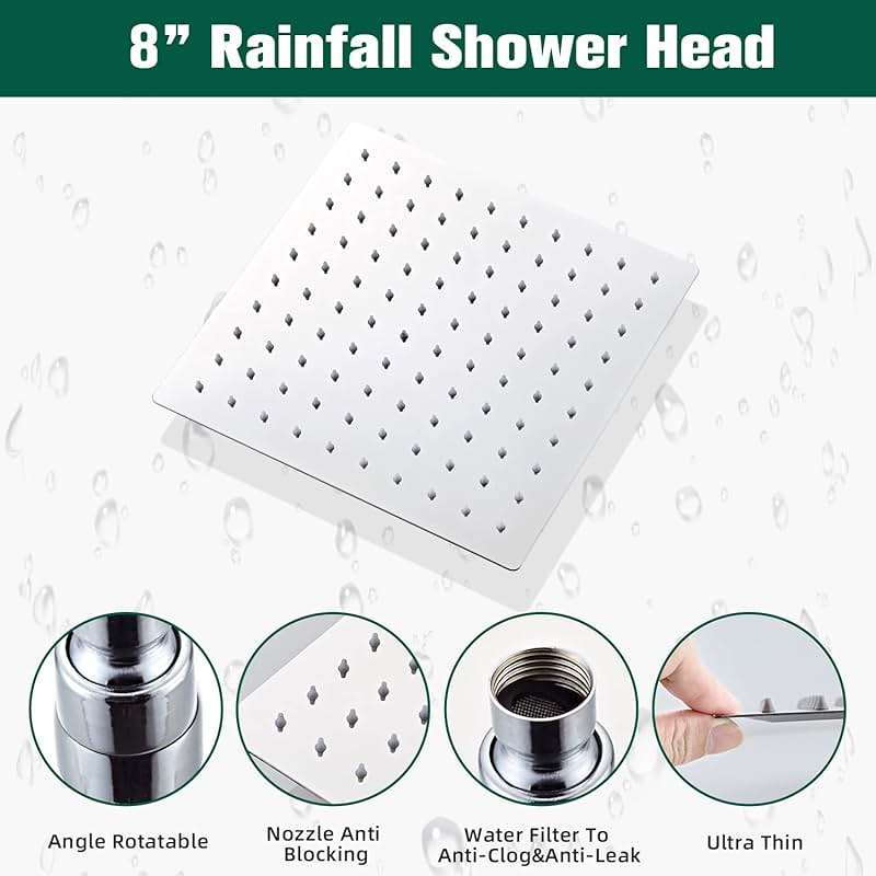 LCEVCGK Shower Head - Shower Faucet Set Square Shower Combo System with 8'' Rainfall Shower Head Wall Mount Handheld Shower, Stainless Steel with Chrome Finish Bath Shower Head,Chrome - Image 4