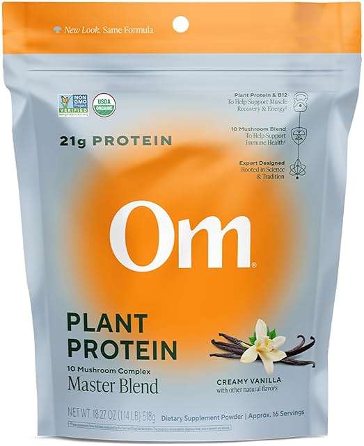 OM MUSHROOM SUPERFOOD Master Blend Vegan Protein – Creamy Vanilla Plant Protein with 10 Mushrooms, Ashwagandha, BCAAs & B12 – Energy, Recovery & Immune Support – 1.2 lb (16 Servings) - Image 1