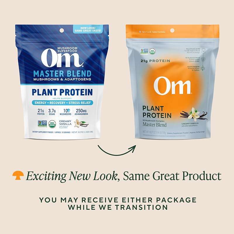 OM MUSHROOM SUPERFOOD Master Blend Vegan Protein – Creamy Vanilla Plant Protein with 10 Mushrooms, Ashwagandha, BCAAs & B12 – Energy, Recovery & Immune Support – 1.2 lb (16 Servings) - Image 2