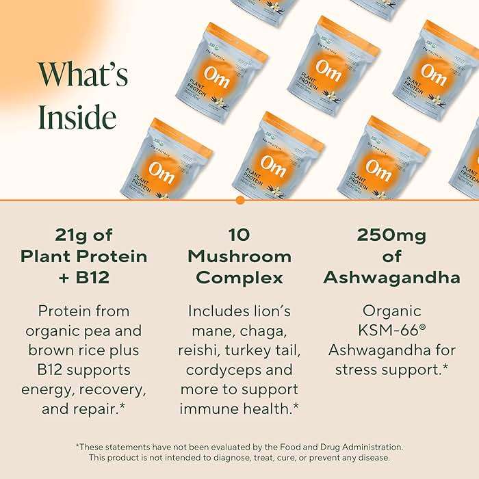 OM MUSHROOM SUPERFOOD Master Blend Vegan Protein – Creamy Vanilla Plant Protein with 10 Mushrooms, Ashwagandha, BCAAs & B12 – Energy, Recovery & Immune Support – 1.2 lb (16 Servings) - Image 4