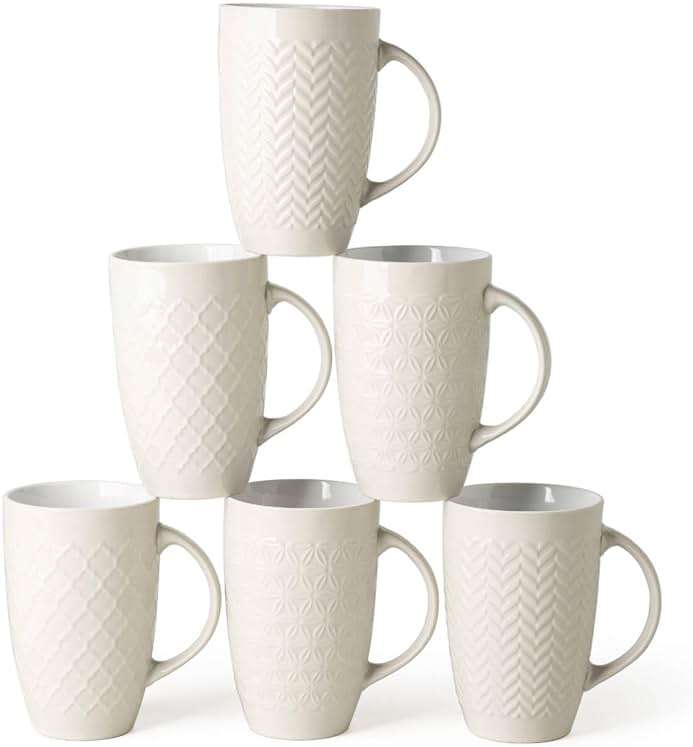 AmorArc Extra Large Coffee Mugs Set of 6, 20oz Ceramic Tall Coffee Mugs Set with Textured Geometric Patterns for Coffee/Tea/Beer/Hot Cocoa, Dishwasher & Microwave Safe,Beige - Image 1