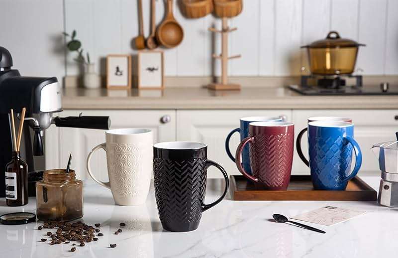 AmorArc Extra Large Coffee Mugs Set of 6, 20oz Ceramic Tall Coffee Mugs Set with Textured Geometric Patterns for Coffee/Tea/Beer/Hot Cocoa, Dishwasher & Microwave Safe,Beige - Image 2