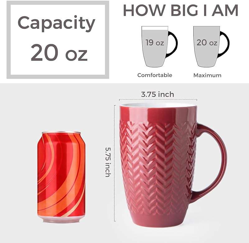 AmorArc Extra Large Coffee Mugs Set of 6, 20oz Ceramic Tall Coffee Mugs Set with Textured Geometric Patterns for Coffee/Tea/Beer/Hot Cocoa, Dishwasher & Microwave Safe,Beige - Image 3