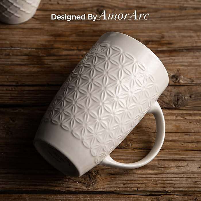 AmorArc Extra Large Coffee Mugs Set of 6, 20oz Ceramic Tall Coffee Mugs Set with Textured Geometric Patterns for Coffee/Tea/Beer/Hot Cocoa, Dishwasher & Microwave Safe,Beige - Image 4