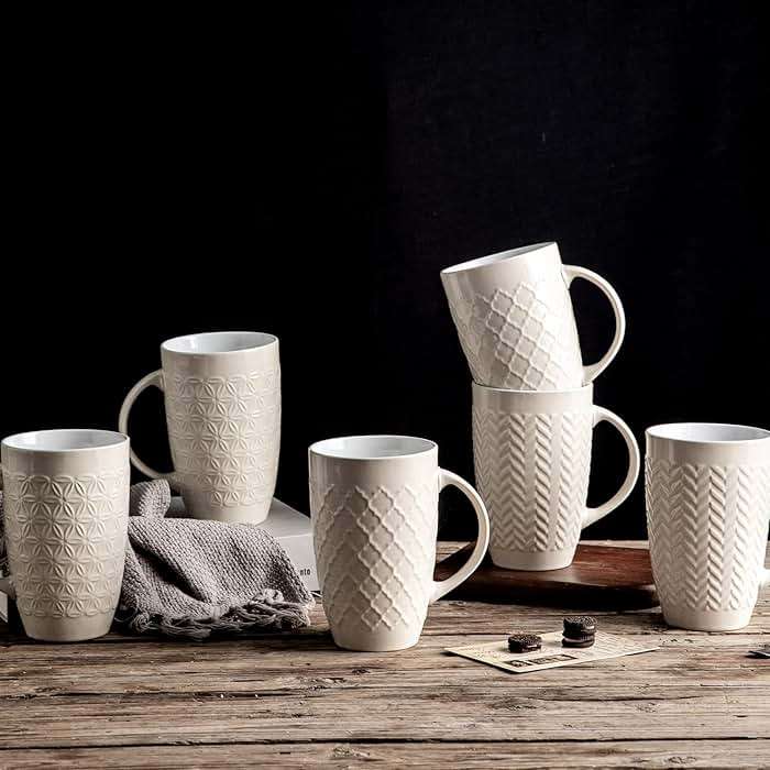 AmorArc Extra Large Coffee Mugs Set of 6, 20oz Ceramic Tall Coffee Mugs Set with Textured Geometric Patterns for Coffee/Tea/Beer/Hot Cocoa, Dishwasher & Microwave Safe,Beige - Image 6