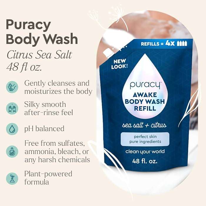 Puracy Body Wash Refill, Natural Body Wash, 98.6% Pure Plant Ingredients, Moisturizing Shower Gel for Women Men Kids, Body Soap for Dry Sensitive Skin Gently Scented with Citrus & Sea Salt, 48 Oz - Image 2