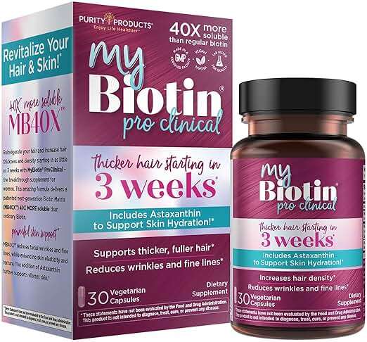 Purity Products MyBiotin ProClinical – Thicker Hair Starting in 3 Weeks & Fights Wrinkles - MB40X Patented Biotin Vitamin B7 Matrix w/Astaxanthin - 40X More Soluble vs Ordinary Biotin, 30 Veg Capsules - Image 1